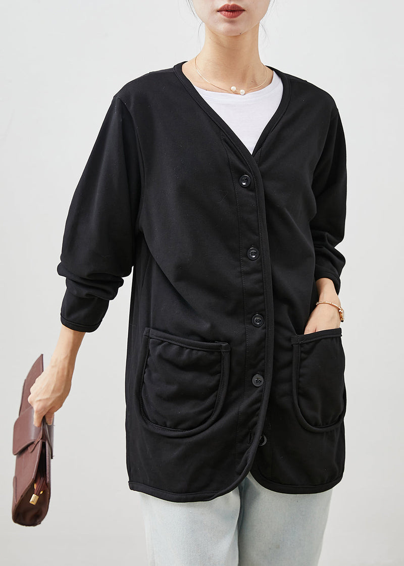 Black V Neck Pockets Cotton Coats Spring