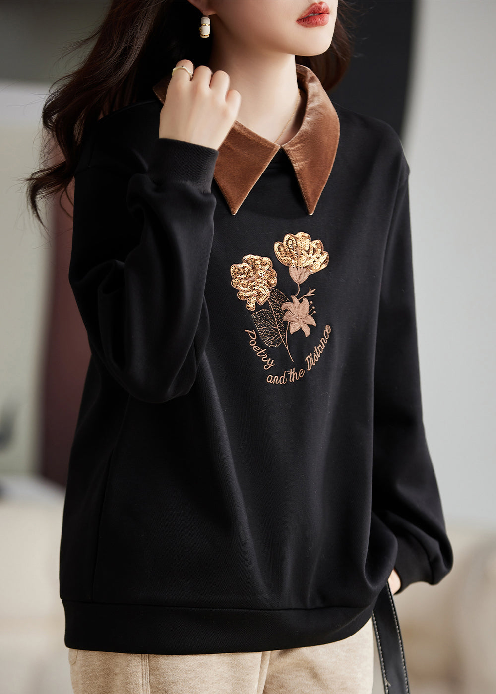 Organic Black Peter Pan Collar Embroideried Warm Fleece Top Fall