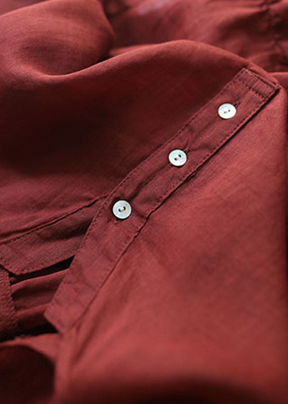 Red V Neck Wrinkled Low High Design Linen Shirts Short Sleeve