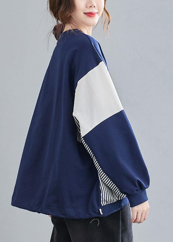 O Neck Patchwork Striped Spring Top Silhouette Sewing Blue Blouses