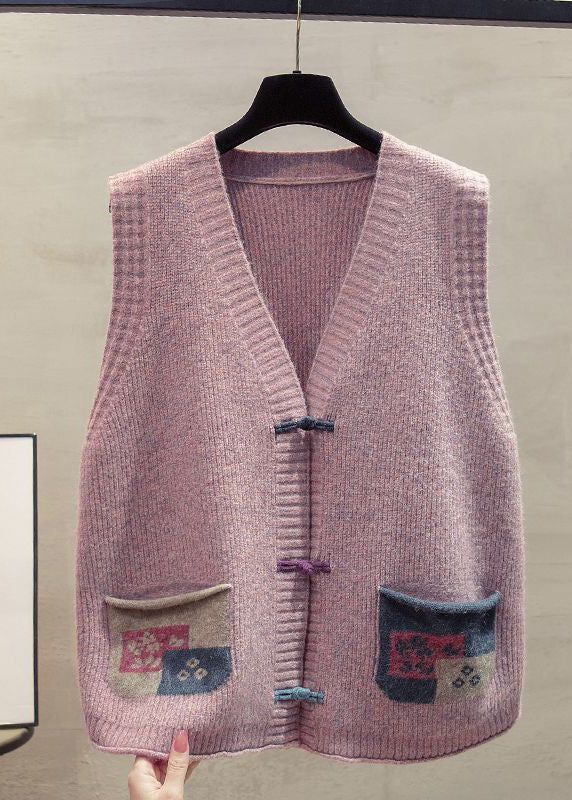 Art Dark Blue Chinese Button Patchwork Pockets Knitted Vests Spring