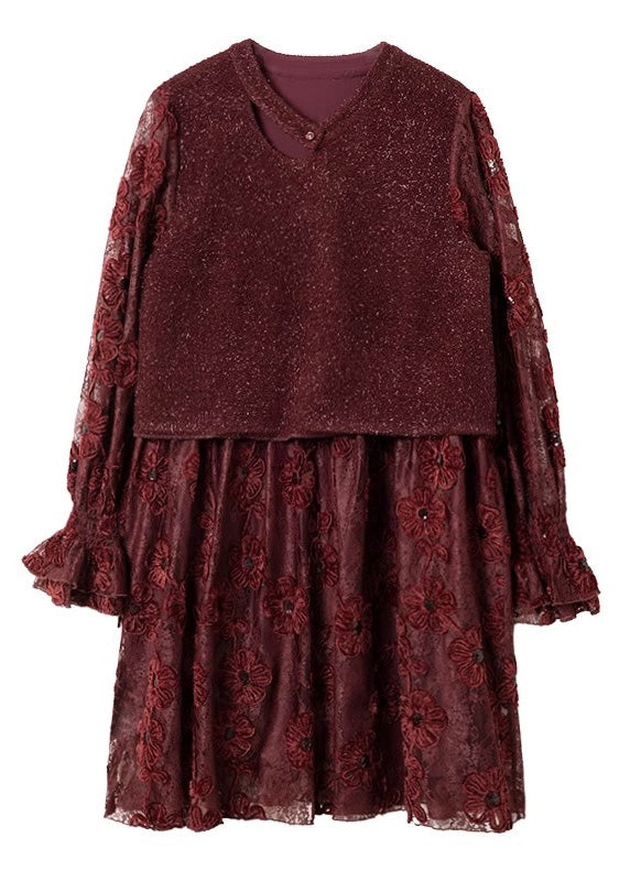 Modern Red O-neck Patchwork Fake Two Pieces Long Dresses Spring