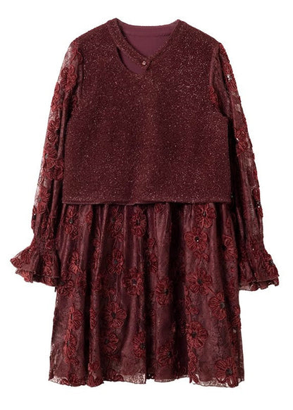 Modern Red O-neck Patchwork Fake Two Pieces Long Dresses Spring