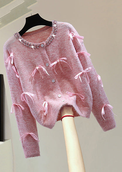 Italian Pink O-neck Zippered Bow Cotton Knit Sweaters Winter