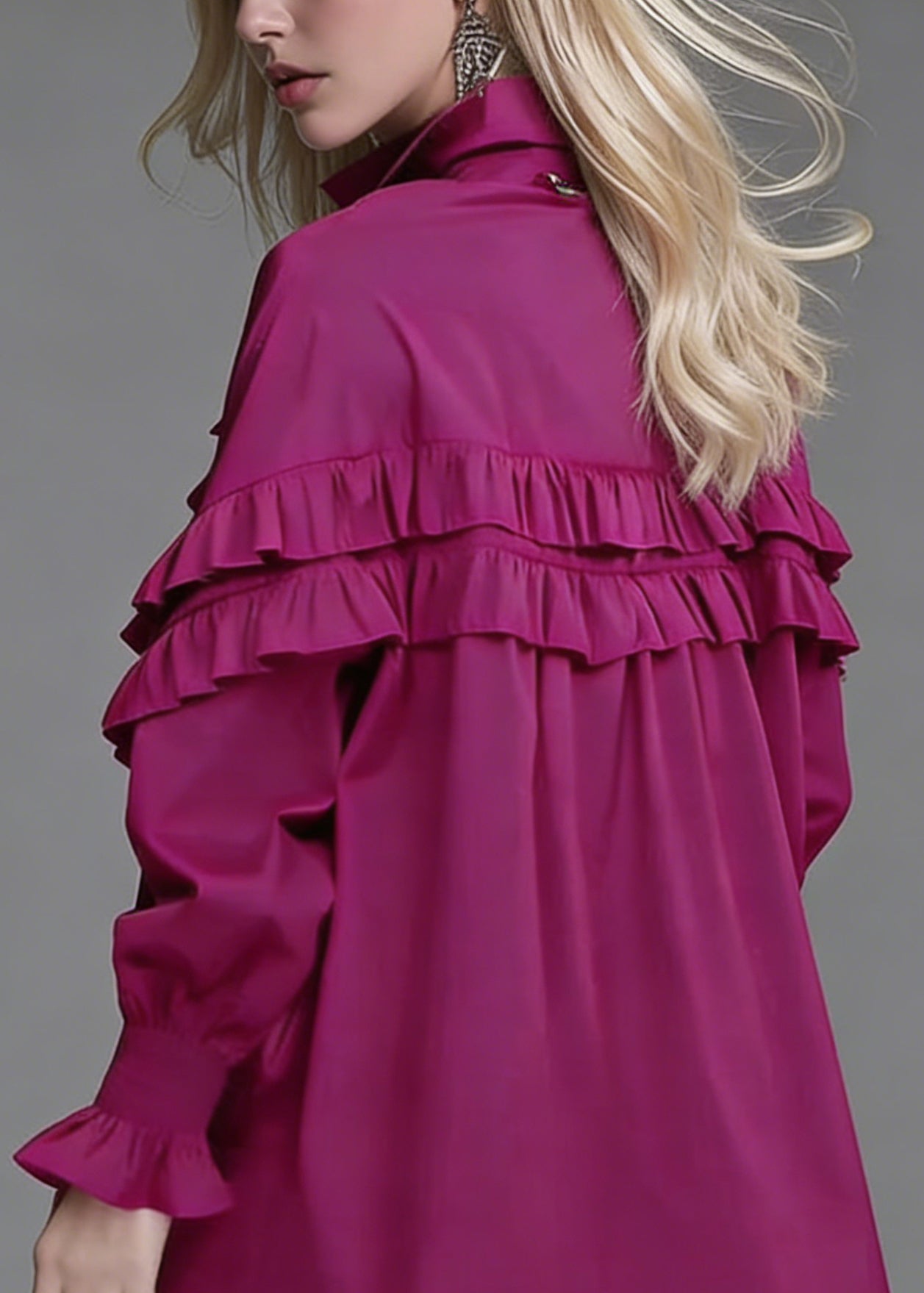 Loose Rose Ruffled Button Cotton Blouse Lantern Sleeve