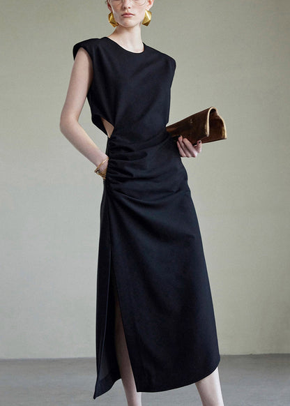 Black Hollow Out Side Open Cotton Long Dress Summer