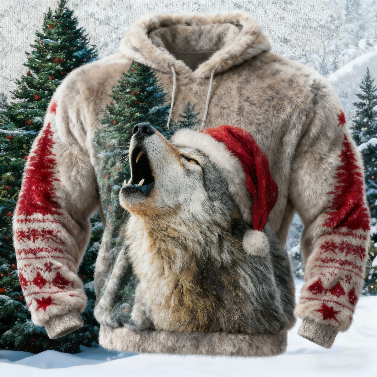Comstylish Men's Retro Viking Christmas Wolf Art Pattern Flannel Hoodie