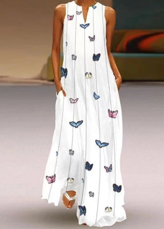 Purple V Neck Print Long Dress Summer