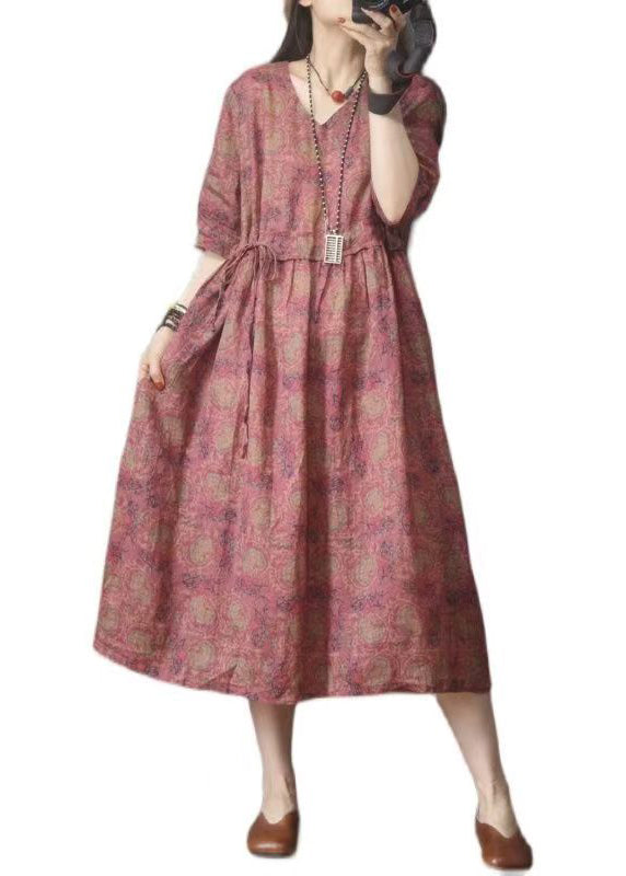 Organic Red Cinched Print Linen Dresses Summer