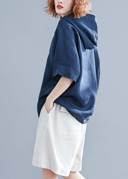 Blue Hooded Alphabet Print Cotton Pullover Summer