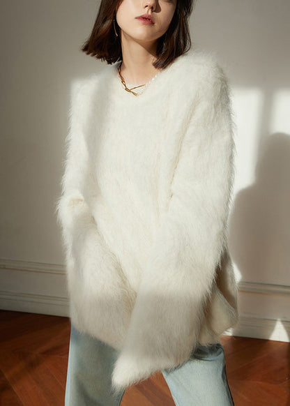 Natural White O-neck Cozy Woolen Knit Sweaters Winter