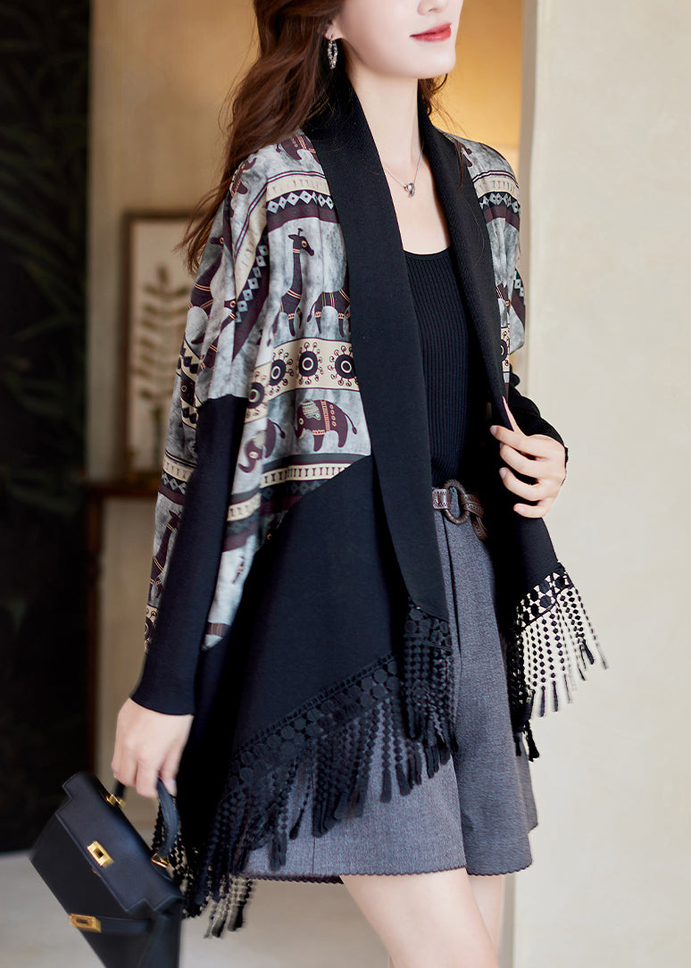 Fine Green Tasseled Print Patchwork Knit Cardigan Batwing Sleeve
