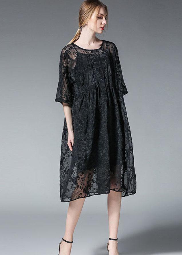 Black Wrinkled Hollow Out Summer Dress