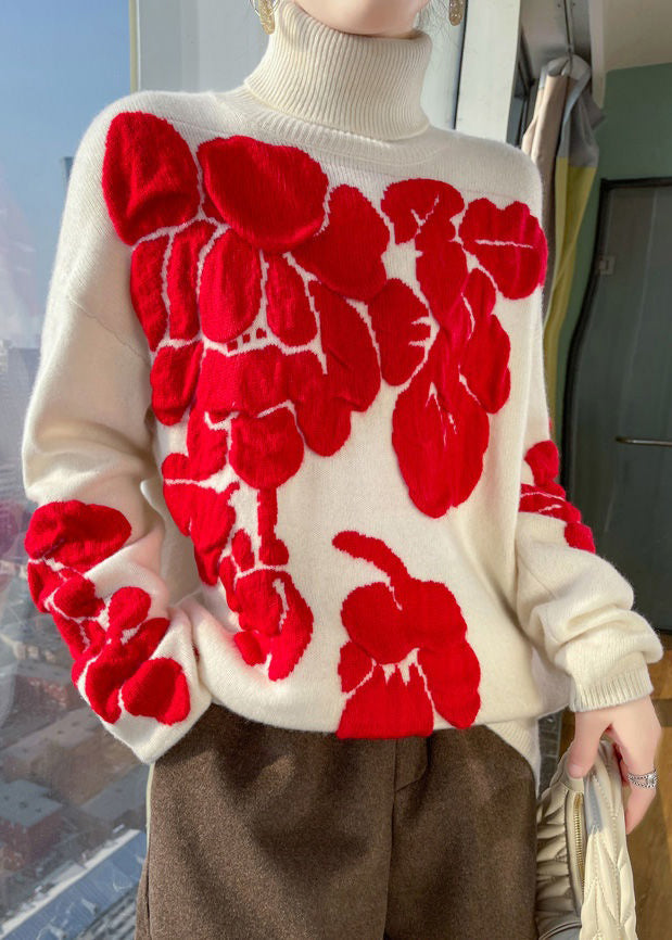 White Turtleneck Patchwork Cotton Wool Knit Shirts Long Sleeve