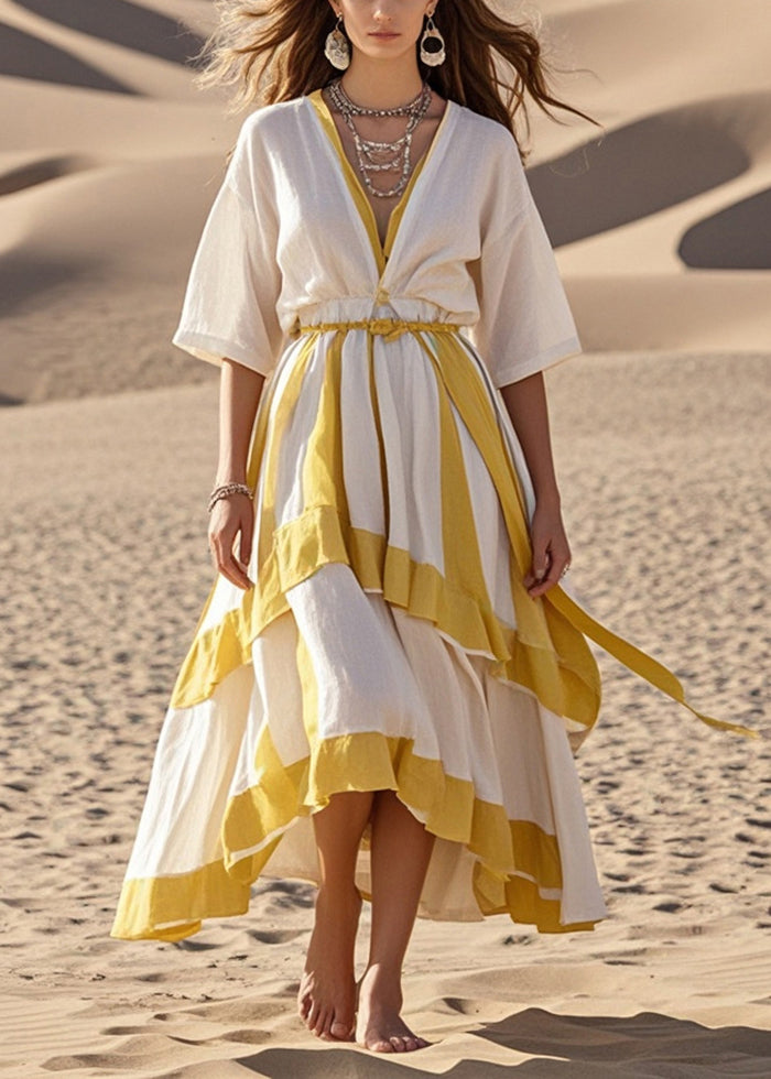 White V Neck Patchwork Exra Large Hem Cotton Dress Summer