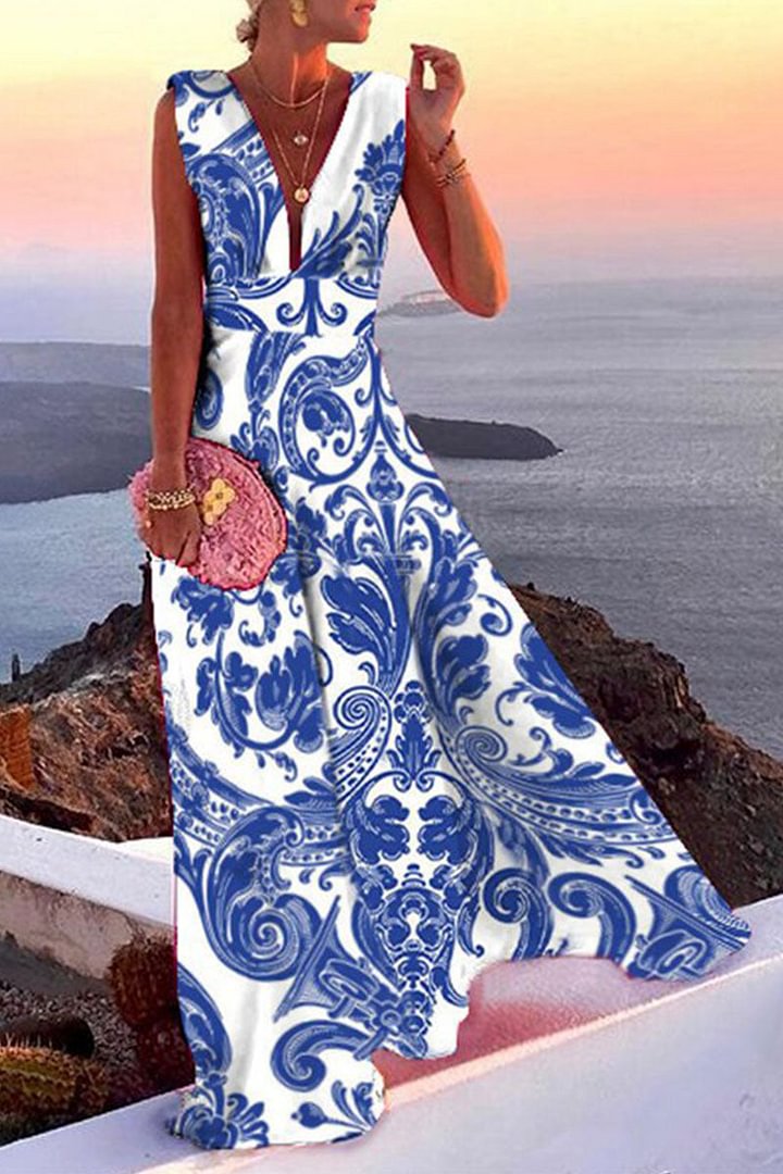 Simplicity White Flowers Split Joint V Neck a Line Dresses Summer