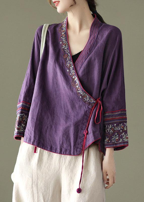 Red Embroideried Long Sleeve Linen Shirt