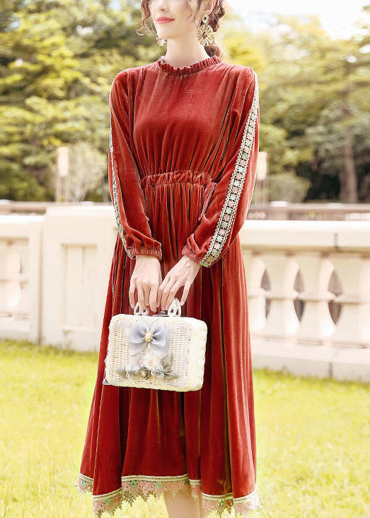 Orange Cinched Patchwork Lace Silk Velour Long Dress Spring