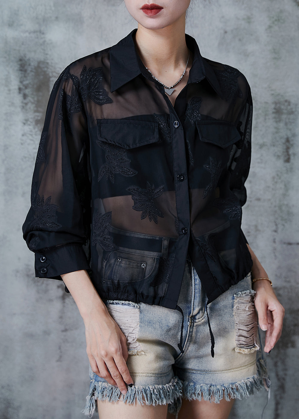 Black Tulle Upf 50+ Coat Jacket Embroidered Drawstring Summer