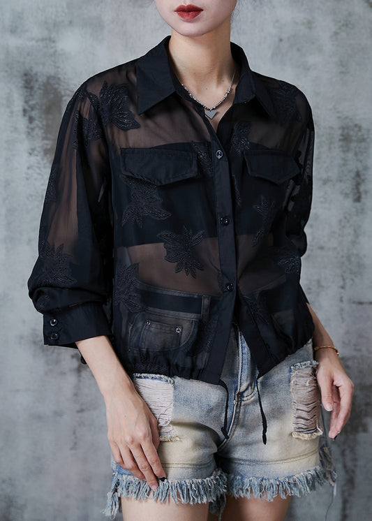 Black Tulle Upf 50+ Coat Jacket Embroidered Drawstring Summer