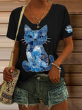 Women's Retro Animal Cat Print V-neck T-shirt artswardrobe
