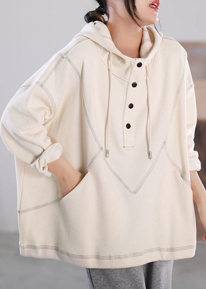Beige Drawstring Hooded Cotton Pullover Long Sleeve