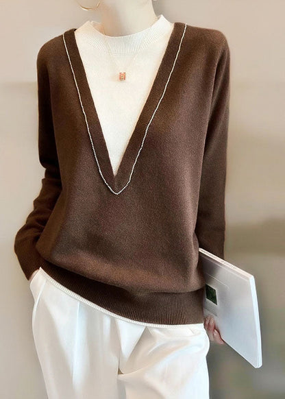Red Nail Bead Patchwork Fake Two Pieces Wool Knit Sweater Long Sleeve
