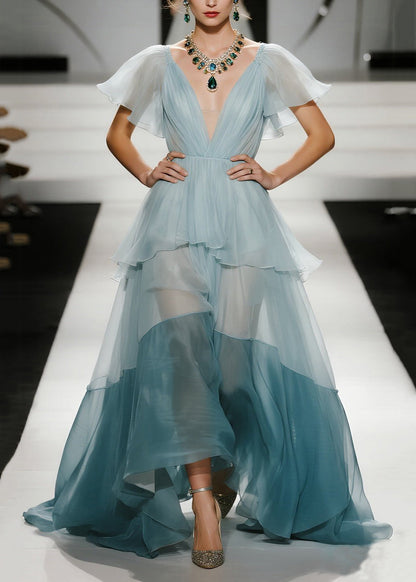 Sky Blue Exra Large Hem Patchwork Organza Evening Dresses Butterfly Sleeve