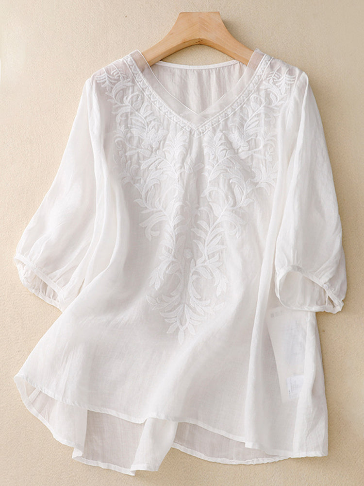 Comstylish Women's Embroidery Pattern Linen Blend Comfort Shirt