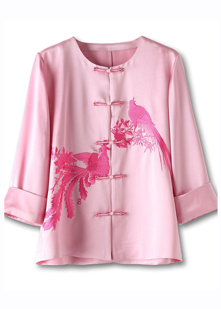 Classy Pink O-neck Embroideried Silk Top Long Sleeve