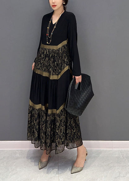 Black V Neck Tulle Patchwork Wrinkled Long Dress Spring