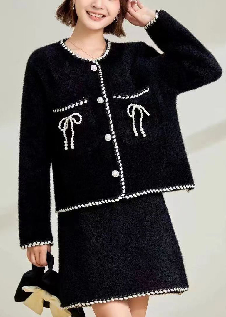 Boutique Black O-neck Pockets Mink Hair Knitted Two Pieces Set Fall