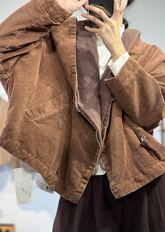 Chocolate Hooded Oversized Pockets Corduroy Coat Spring