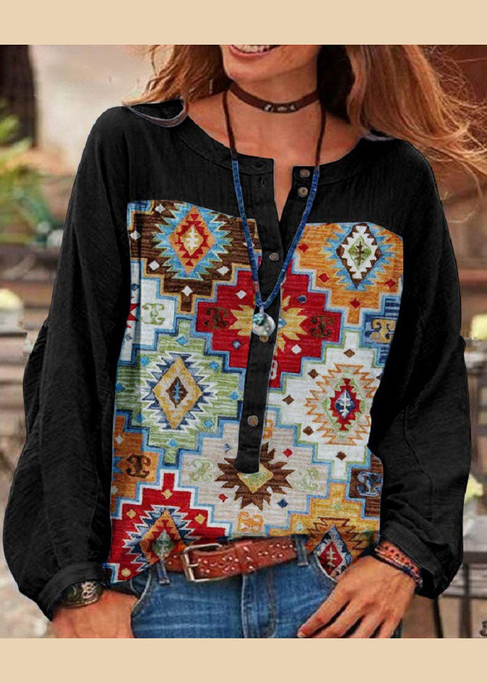 Blue O-neck Button Print Top Long Sleeve