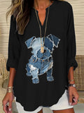 Women's Casual Funny Denim Dog Print T-shirt artswardrobe
