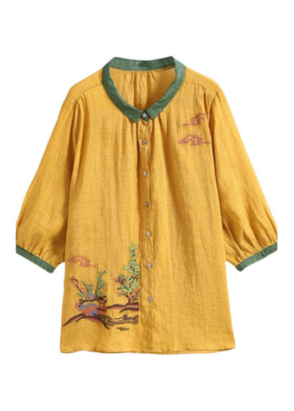Unique Yellow Peter Pan Collar Embroiderie Button Linen Top Long Sleeve