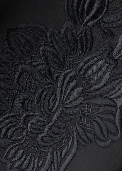 Boutique Black O-neck Embroideried Patchwork Silk Coats Fall