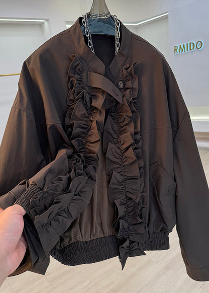 French Brown Ruffled Pockets Cotton Jackets Fall
