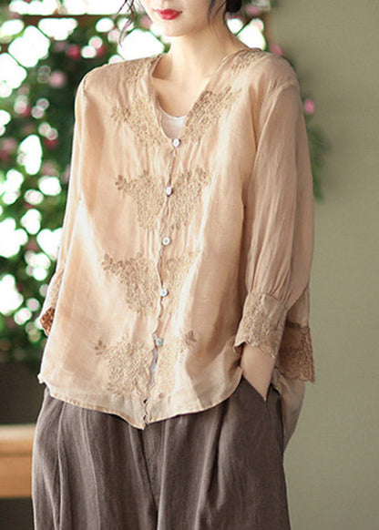 Khaki V Neck Embroideried Linen Shirt Long Sleeve