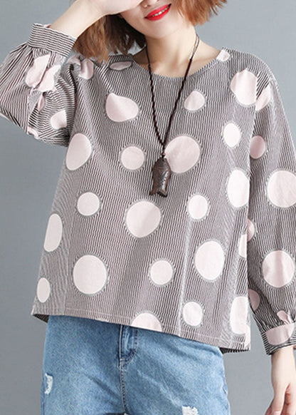 Yellow O-neck Oversized Dot Print Cotton Tops Spring