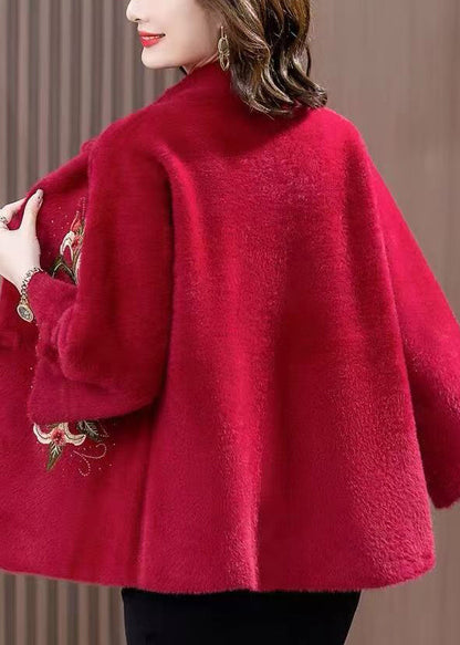 Loose Wine Red Embroidered Button Mink Velvet Coats Spring