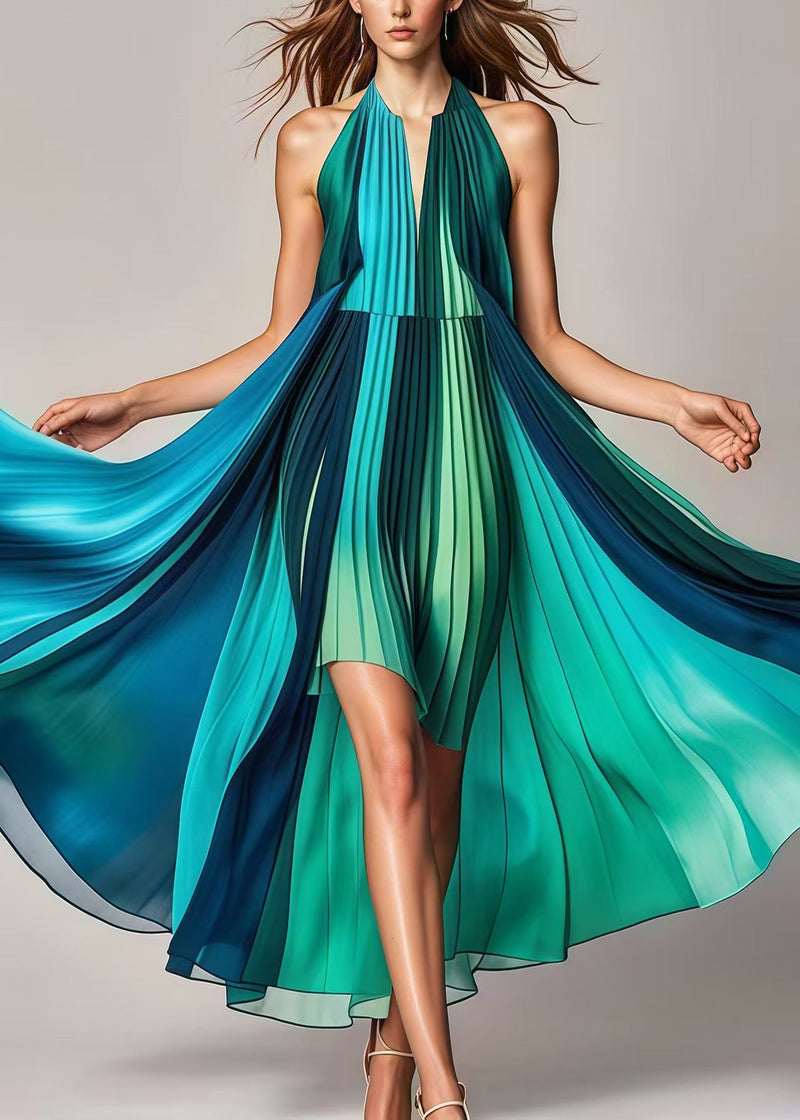 Gradient Color Asymmetrical Exra Large Hem Silk Pleated Dresses Summer