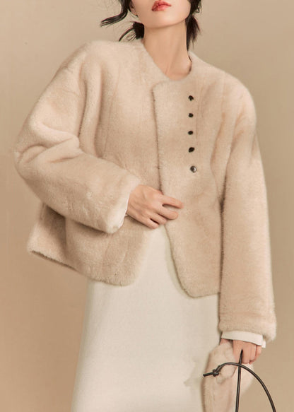 Apricot O-neck Button Fluffy Coats Winter