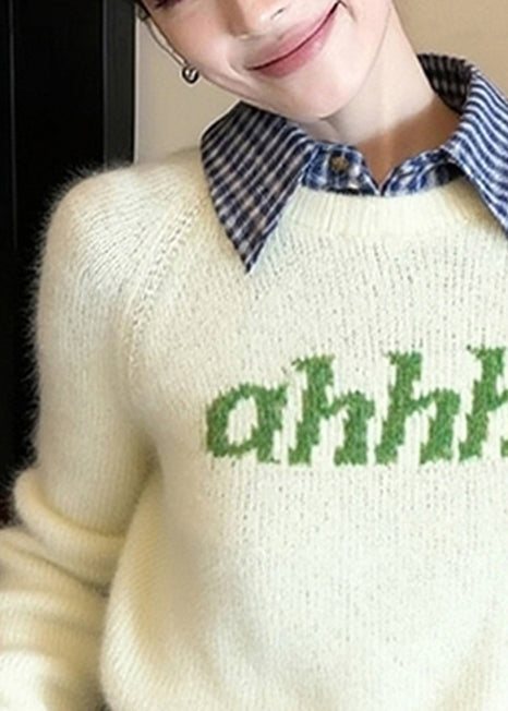 Diy Beige Letter Patchwork Knitted Fake Two Piece Sweater Spring