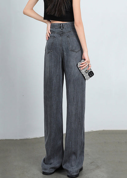 Grey Button High Waist Denim Pants Spring