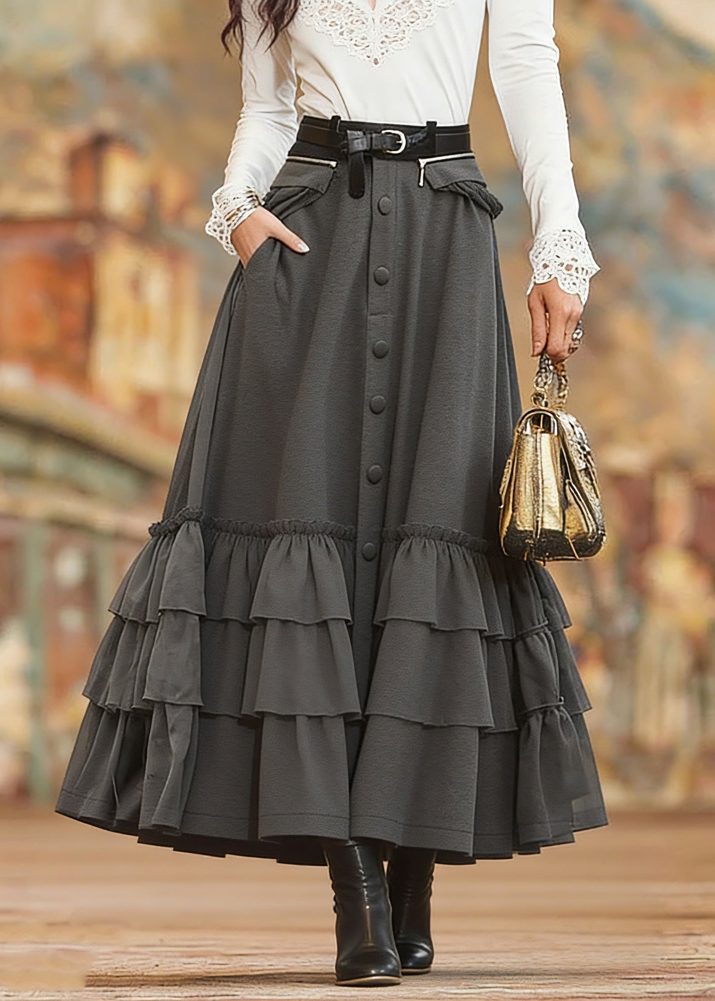Grey Ruffle Trim Single Breasted Pocket Overlay Maxi Skirt