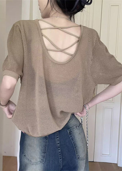 Khaki O Neck Hollow Out Knit T Shirt Summer