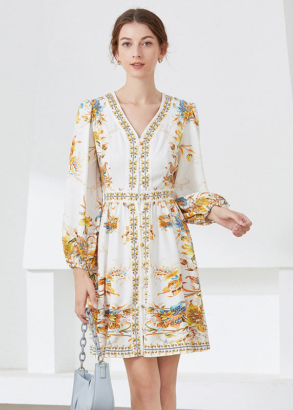 White V Neck Print Chiffon Mid Dress Spring