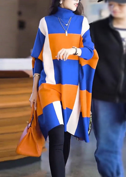 Stylish Colorblock Hign Neck Woolen Knit Dress Batwing Sleeve Spring