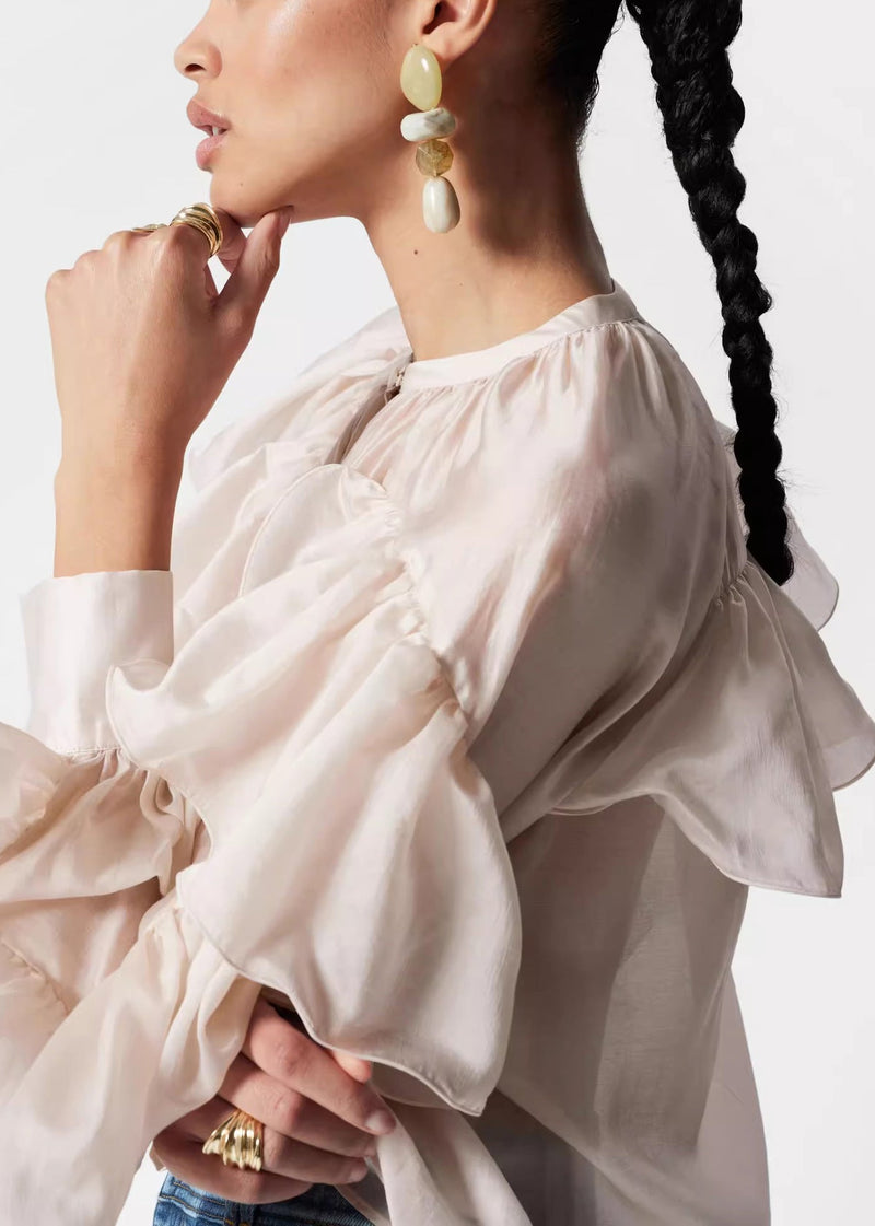 Stylish O-neck Ruffled Silk Shirts Fall